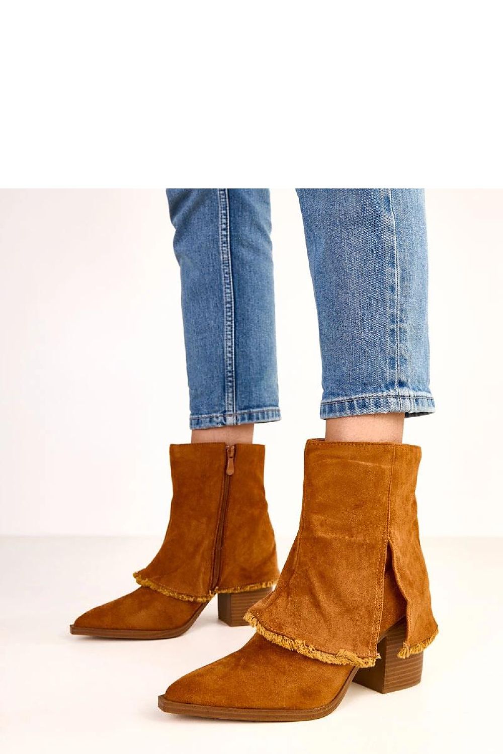 Elegant Solea faux suede ankle boots with a 9cm heel, featuring a folded shaft and pointed toe, perfect for stylish and luxurious looks in cooler weather.