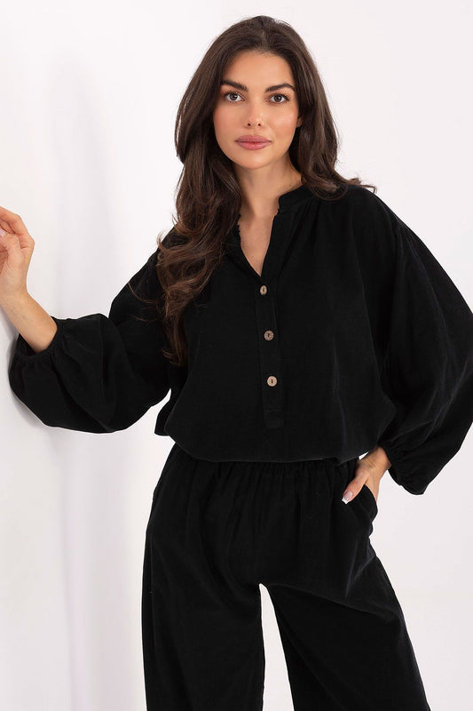 Elegant casual polyester blouse by Italy Moda, featuring a heart neckline and puffy sleeves, styled in a smooth, luxurious fabric.