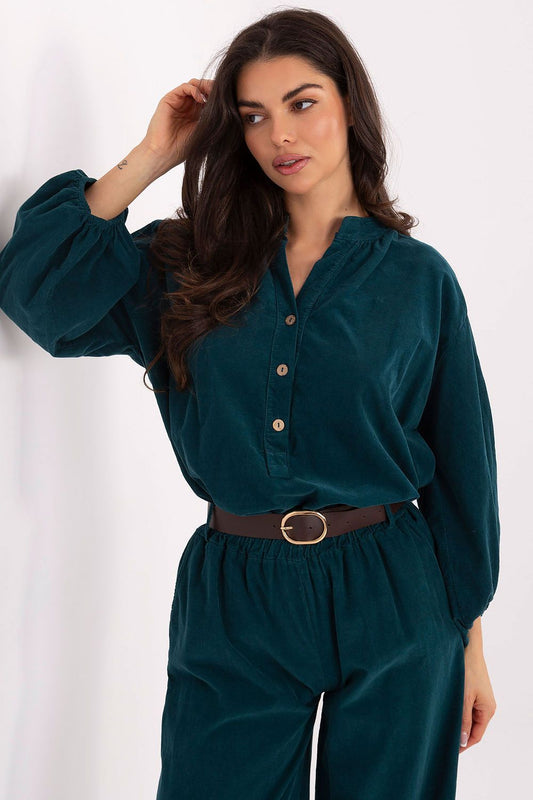 Luxury casual blouse by Italy Moda featuring long puffy sleeves and a heart-shaped neckline, perfect for elegant everyday attire.