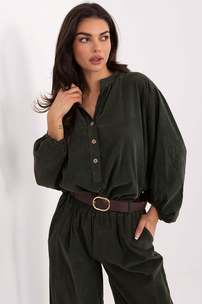 Elegant polyester blouse by Italy Moda featuring a heart-shaped neckline and long puffy sleeves, ideal for luxurious casual wear.