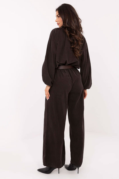 Italy Moda Women's High Waist Wide Leg Corduroy Trousers in a luxurious casual style, perfect for everyday wear, showcasing a modern retro design with side pockets and a fastened belt, made from 100% soft polyester for ultimate comfort.