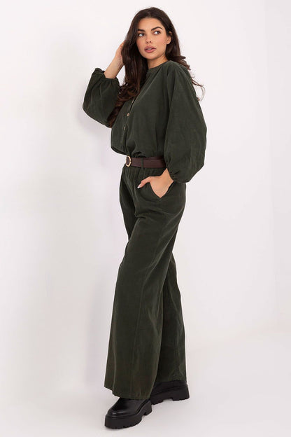 Elegant side view of Italy Moda's women's wide leg corduroy trousers, showcasing their soft texture and stylish high waist for fashionable everyday wear.