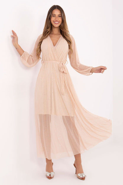 Elegant long maxi dress by Italy Moda with flared cut and wrap neckline in luxurious fabric, perfect for special occasions.