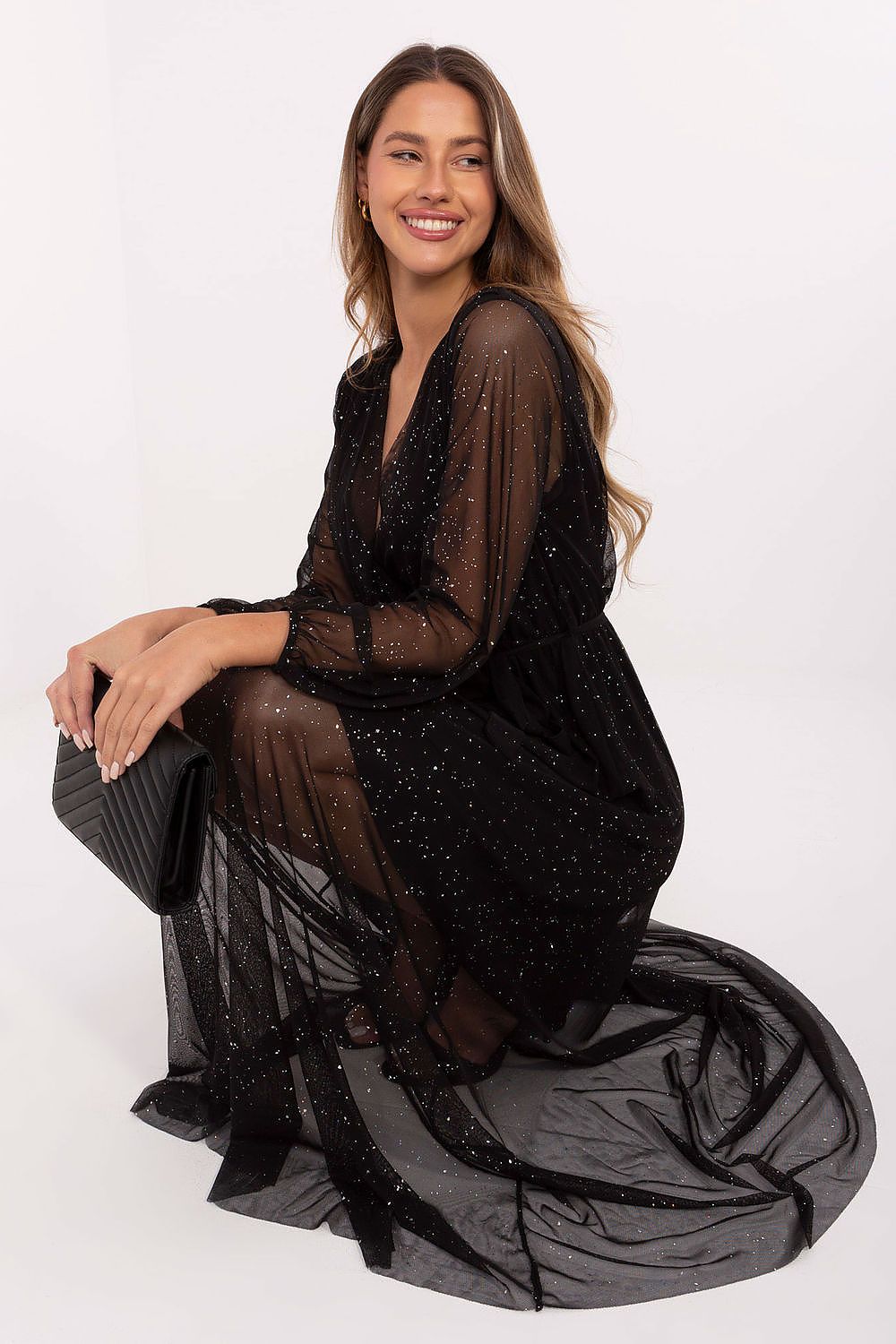 Elegant long dress by Italy Moda, featuring a flared cut and shiny polyester fabric, perfect for special occasions.