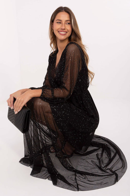 Elegant long dress by Italy Moda, featuring a flared cut and shiny polyester fabric, perfect for special occasions.