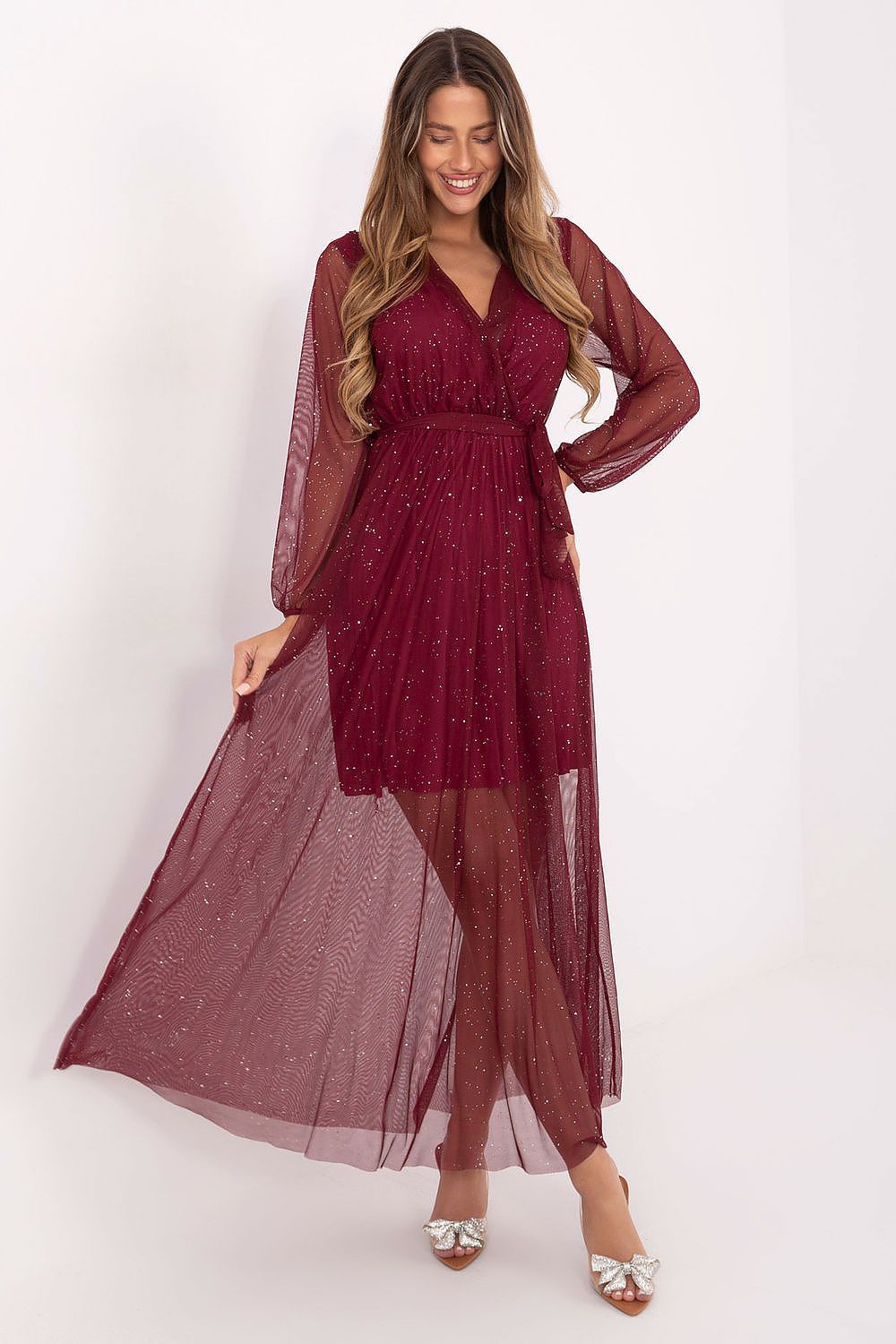 Italy Moda Elegant Maxi Dress - Wrap Neckline and Flared Cut in Shiny Fabric, showcasing sophistication and luxury, perfect for special occasions.