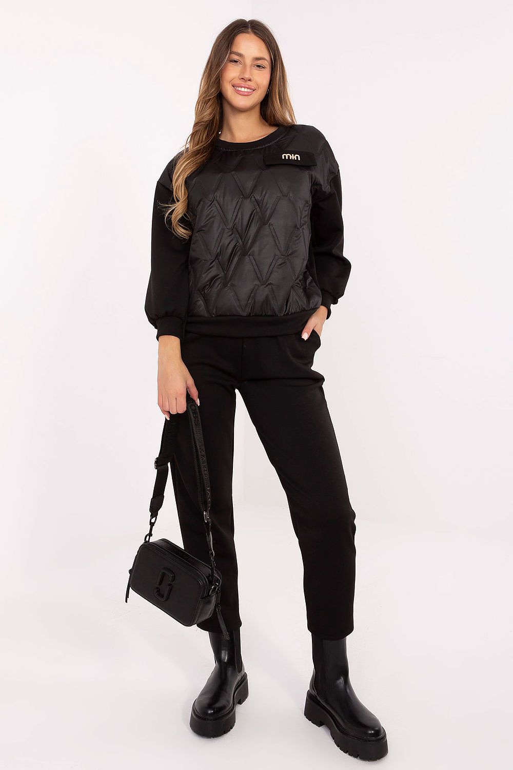 Elegant Luxury Casual Women's Set by Italy Moda featuring a soft viscose-elastane blouse with a quilted front and tapered trousers, ideal for everyday wear.