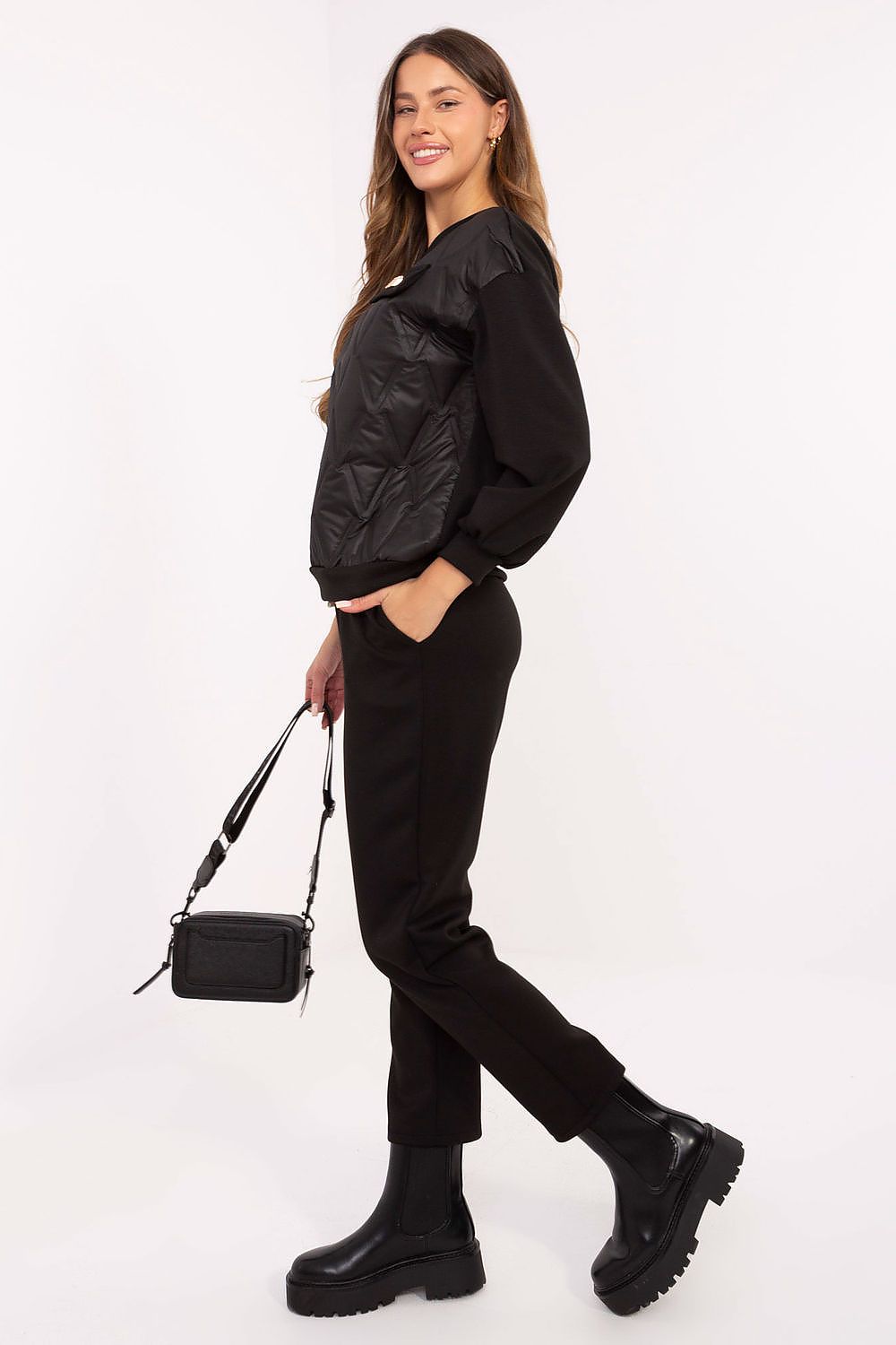 Close-up of the high-quality viscose-elastane Luxury Women's Set by Italy Moda showcasing the delicate texture of the blouse and tailored trousers.