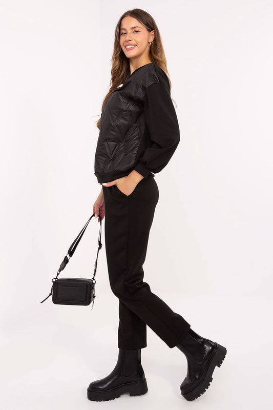 Close-up of the high-quality viscose-elastane Luxury Women's Set by Italy Moda showcasing the delicate texture of the blouse and tailored trousers.