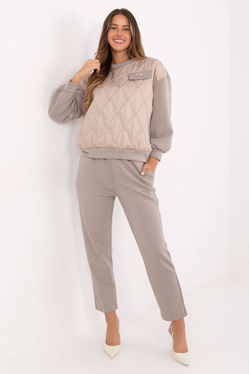 Luxury Women's Italy Moda casual set featuring a stylish blouse and tapered pants in soft viscose-elastane blend, perfect for everyday elegance.