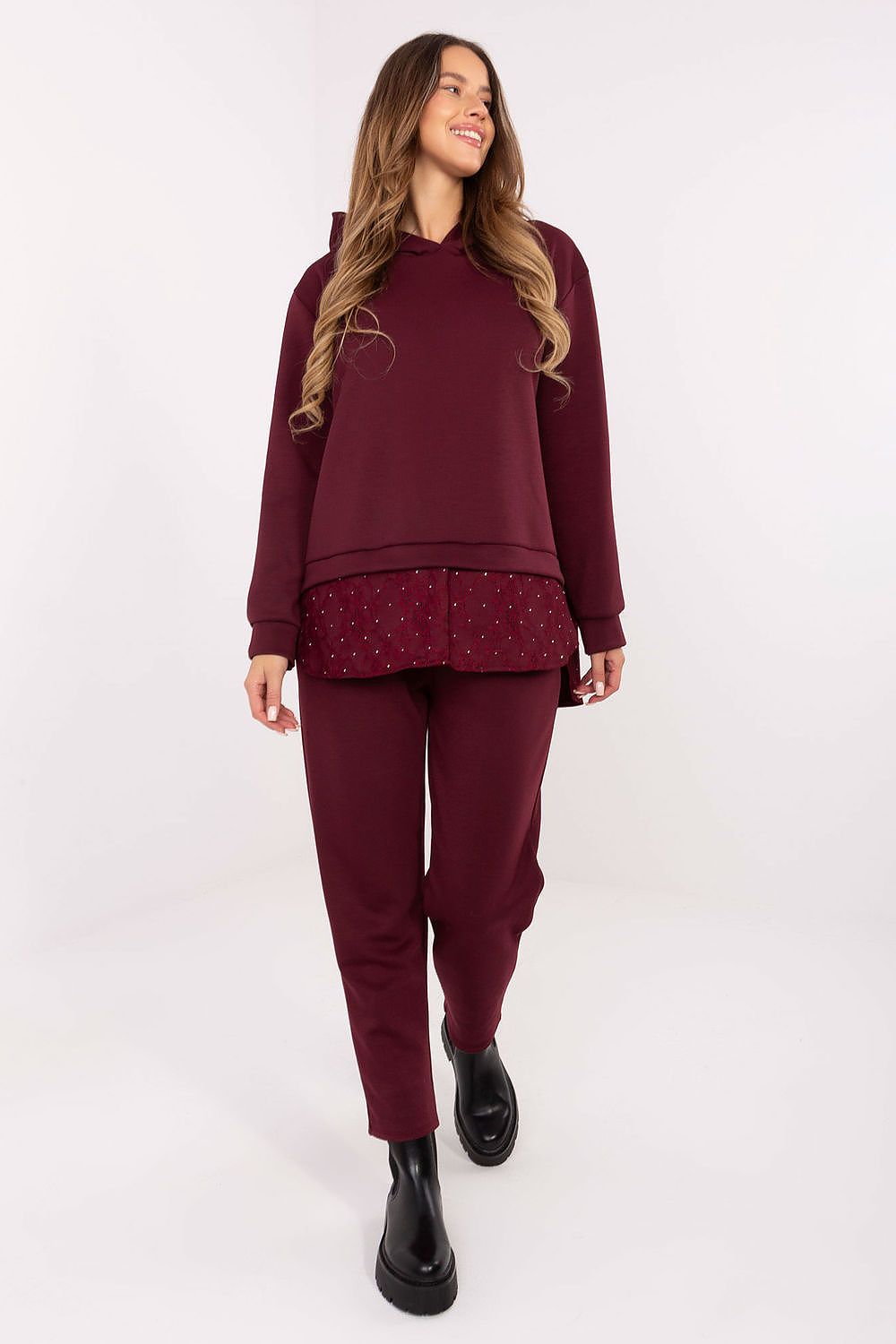 Italy Moda women's stylish hoodie and tapered pants set in EU size 0 featuring elegant lace and jet stone details, perfect for sophisticated casual wear.