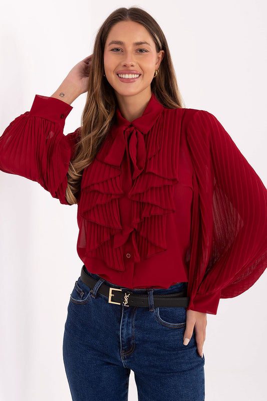 Elegant long sleeve women's shirt by Italy Moda, featuring a classic collar and pleated jabot, perfect for work and special occasions.