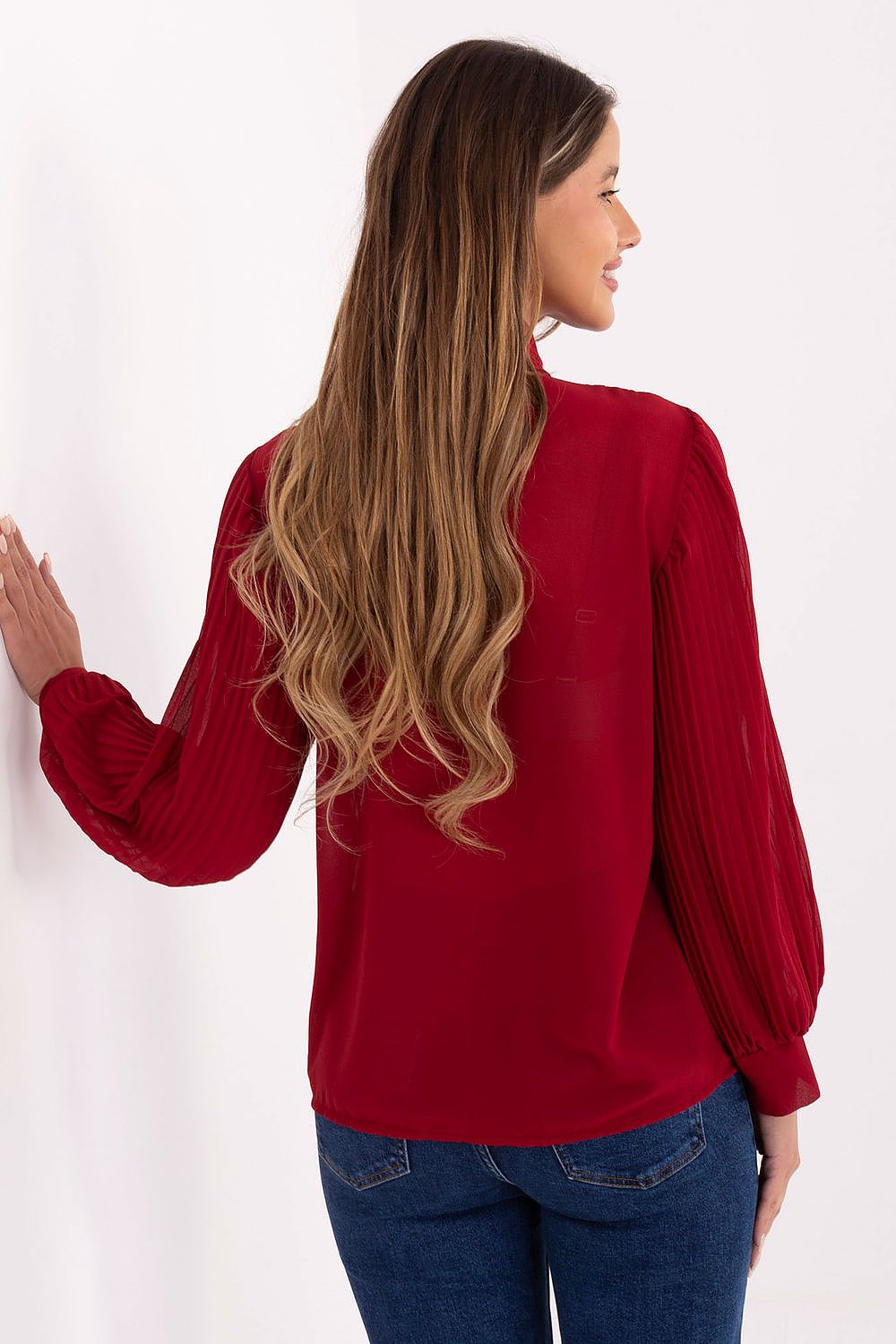 Elegant long sleeve shirt by Italy Moda featuring a pleated jabot, classic collar, and sophisticated design, perfect for work and special occasions.
