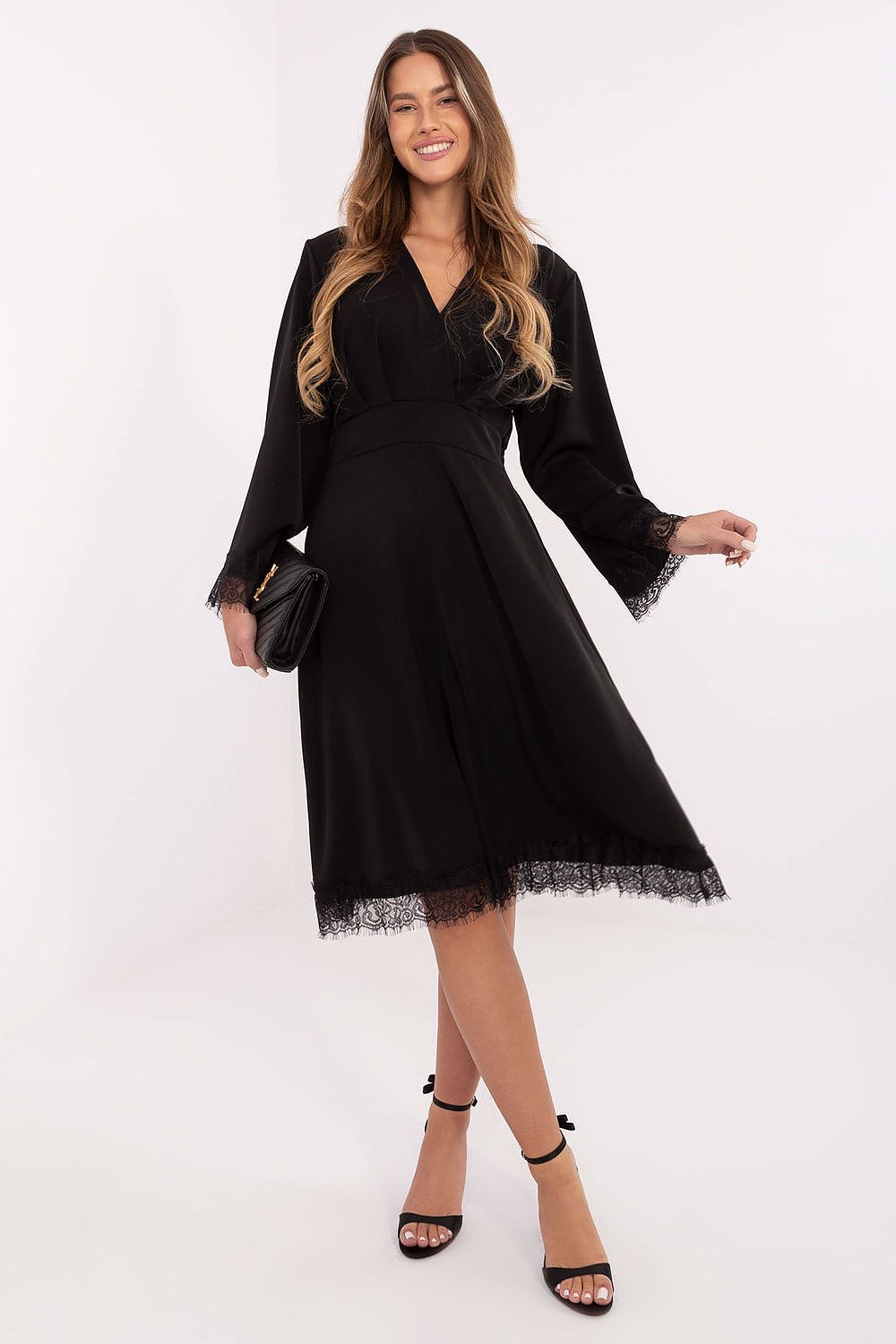 Elegant Midi Cocktail Dress by Italy Moda featuring a stylish flared cut and wrap neckline, perfect for formal occasions. High-quality fabric in a luxurious design.