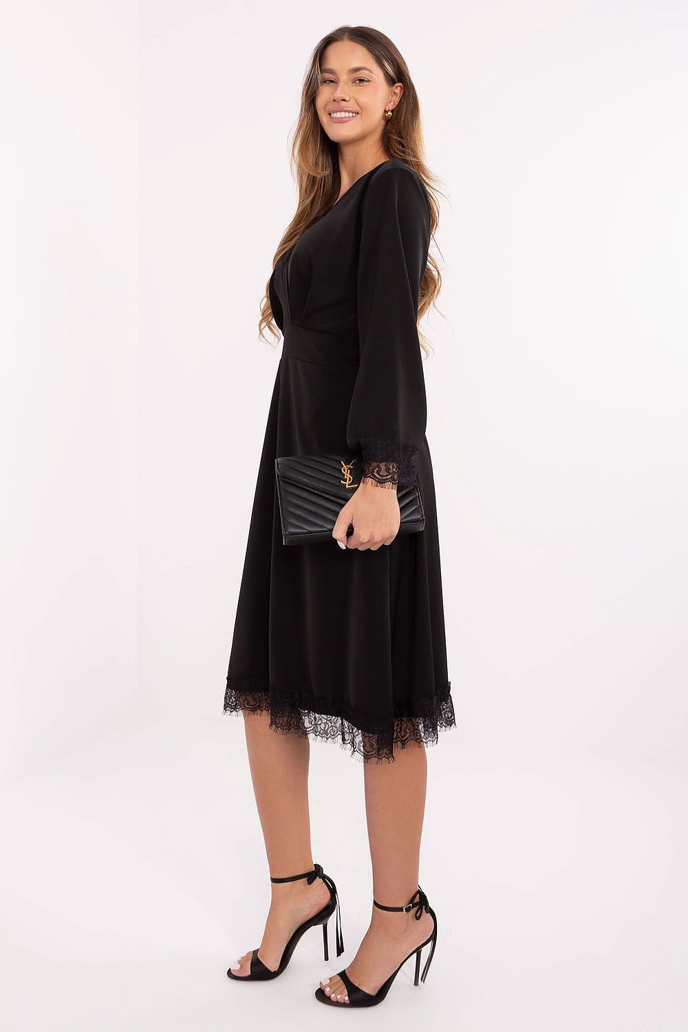 Luxurious long sleeve flared Midi Cocktail Dress from Italy Moda, showcasing exquisite lace finishes at cuffs, ideal for sophisticated everyday wear.