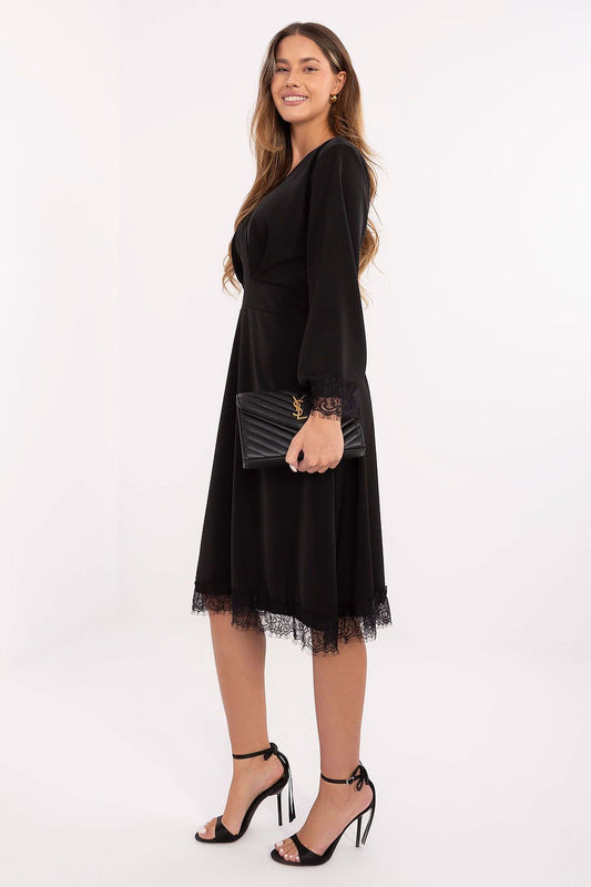 Luxurious long sleeve flared Midi Cocktail Dress from Italy Moda, showcasing exquisite lace finishes at cuffs, ideal for sophisticated everyday wear.