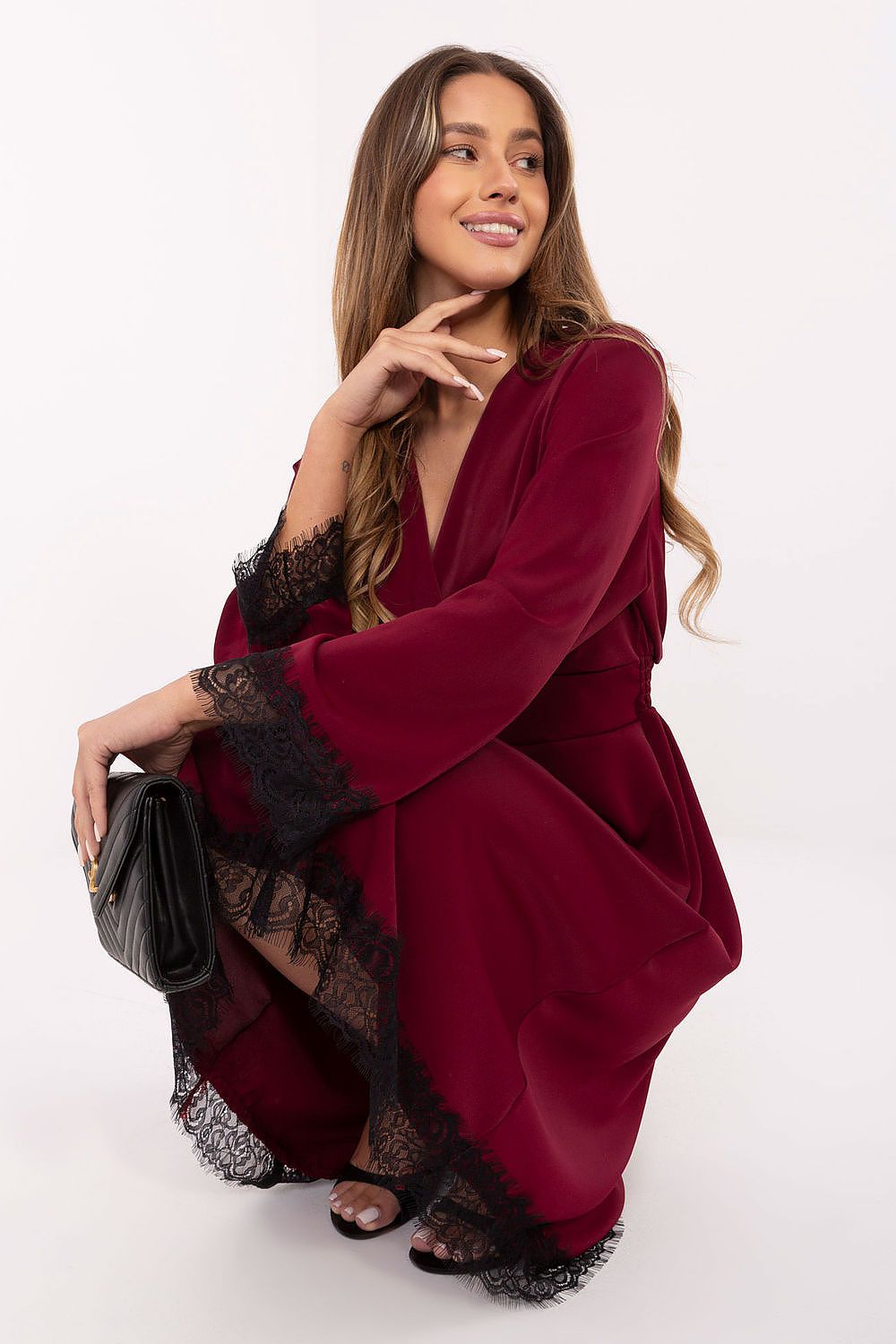 Elegant midi cocktail dress by Italy Moda featuring a flared cut, wrap neckline, and delicate lace details, perfect for sophisticated occasions.