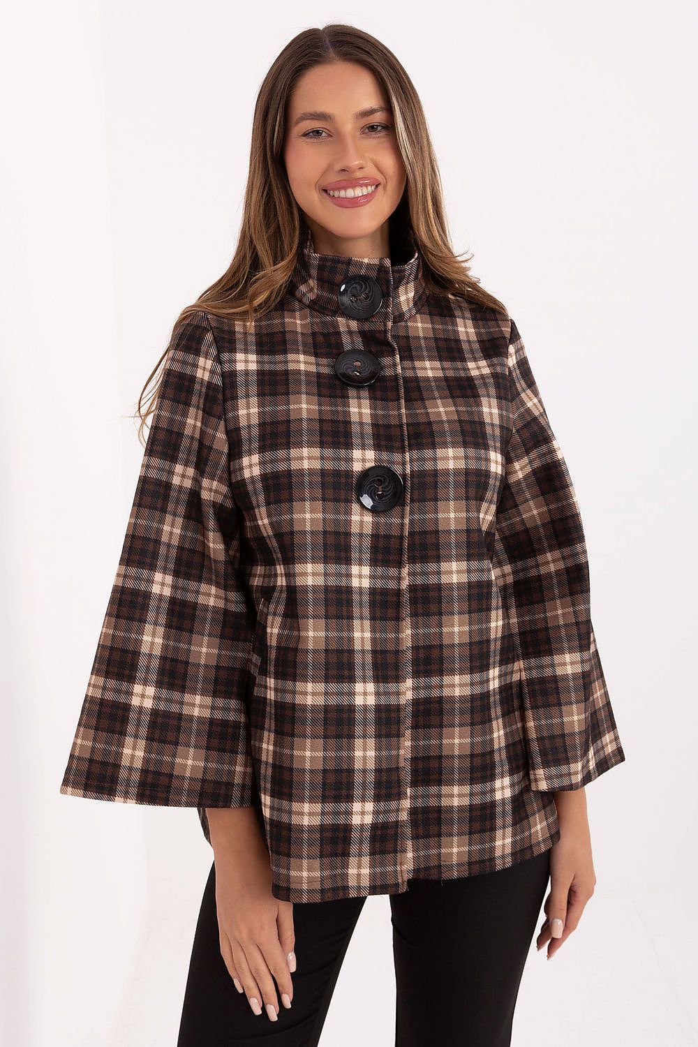 Elegant women's plaid coat by Italy Moda featuring a lightweight polyester material and sophisticated stand-up collar, perfect for stylish cold weather attire.