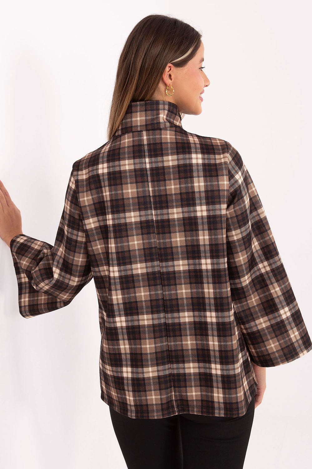 Stylish full view of the women's plaid coat by Italy Moda, demonstrating its flattering silhouette and practical slip pockets for a chic and refined look.