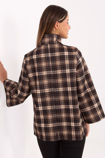 Stylish full view of the women's plaid coat by Italy Moda, demonstrating its flattering silhouette and practical slip pockets for a chic and refined look.