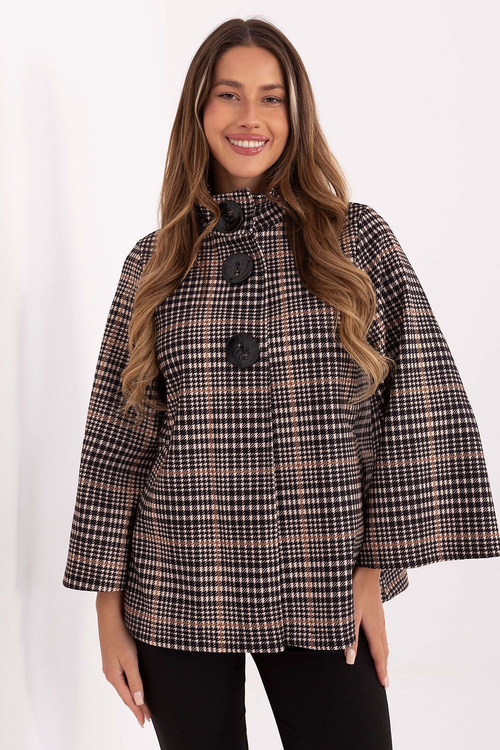 Elegant checkered women's coat by Italy Moda, showcasing a luxurious polyester design with a classic cut and stand-up collar.