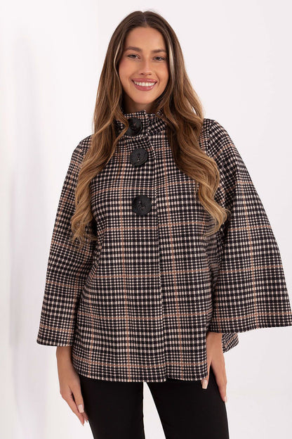 Elegant checkered women's coat by Italy Moda, showcasing a luxurious polyester design with a classic cut and stand-up collar.