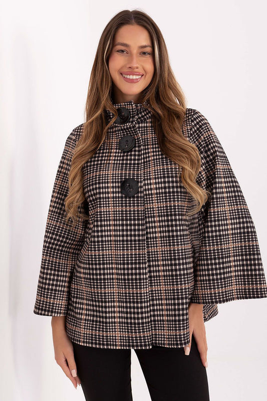 Elegant checkered women's coat by Italy Moda, showcasing a luxurious polyester design with a classic cut and stand-up collar.