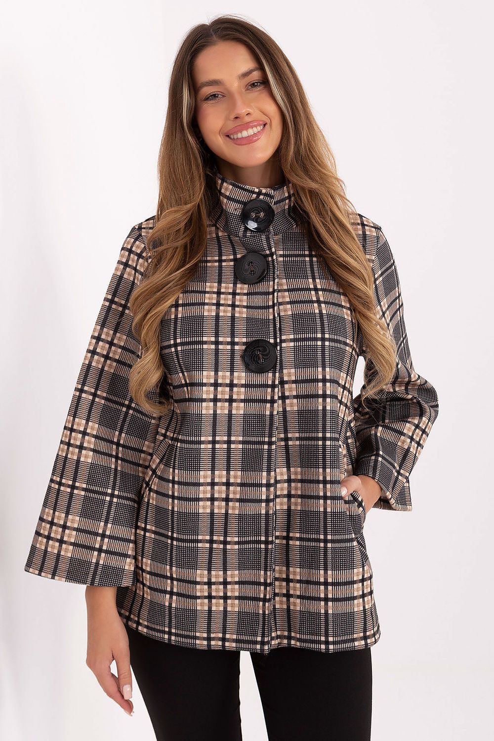 Elegant checked coat for women by Italy Moda, showcasing the classic design and lightweight polyester fabric, perfect for cooler days.