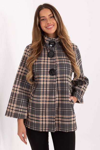 Elegant checked coat for women by Italy Moda, showcasing the classic design and lightweight polyester fabric, perfect for cooler days.