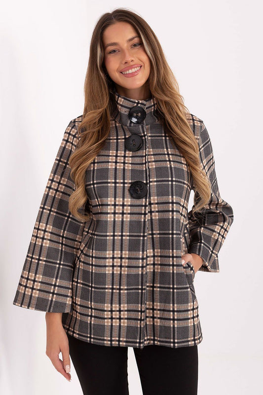 Elegant checked coat for women by Italy Moda, showcasing the classic design and lightweight polyester fabric, perfect for cooler days.