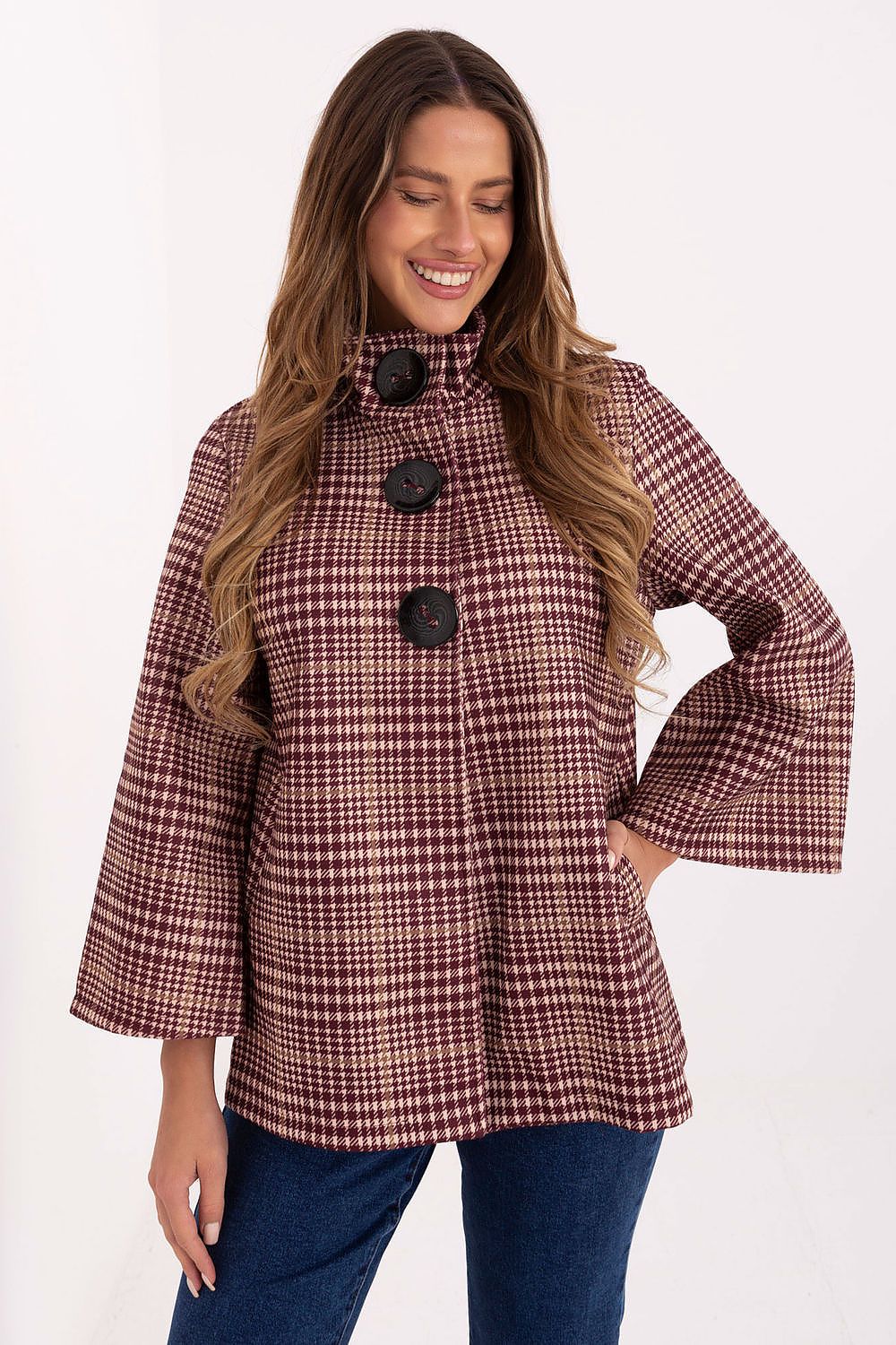 Elegant Women's Checked Coat by Italy Moda showcasing classic design and lightweight polyester fabric, perfect for stylish, cold weather outfits.