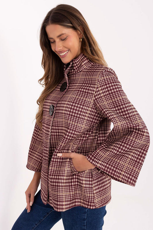 Italy Moda's sophisticated women's checked coat, featuring a stand-up collar and large button fastening, ideal for timeless elegance and comfort.