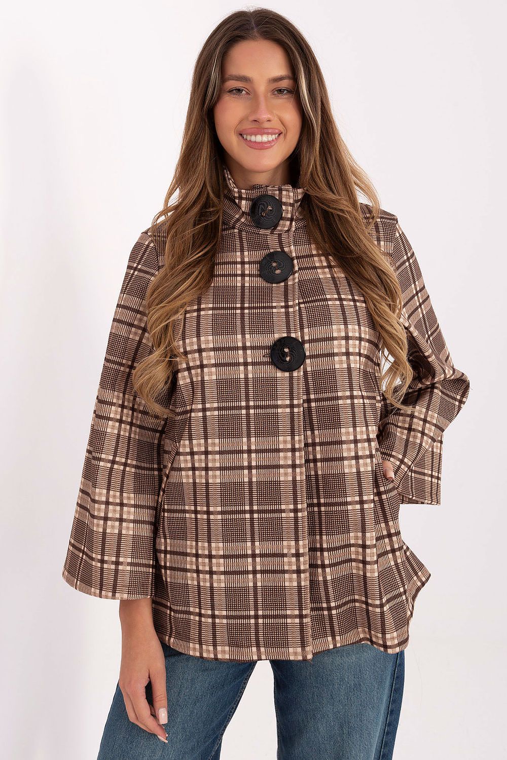 Elegant checkered coat by Italy Moda, crafted from lightweight polyester, showcasing a classic design with large button closure and stand-up collar.