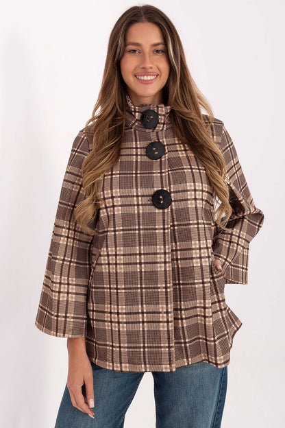 Elegant checkered coat by Italy Moda, crafted from lightweight polyester, showcasing a classic design with large button closure and stand-up collar.