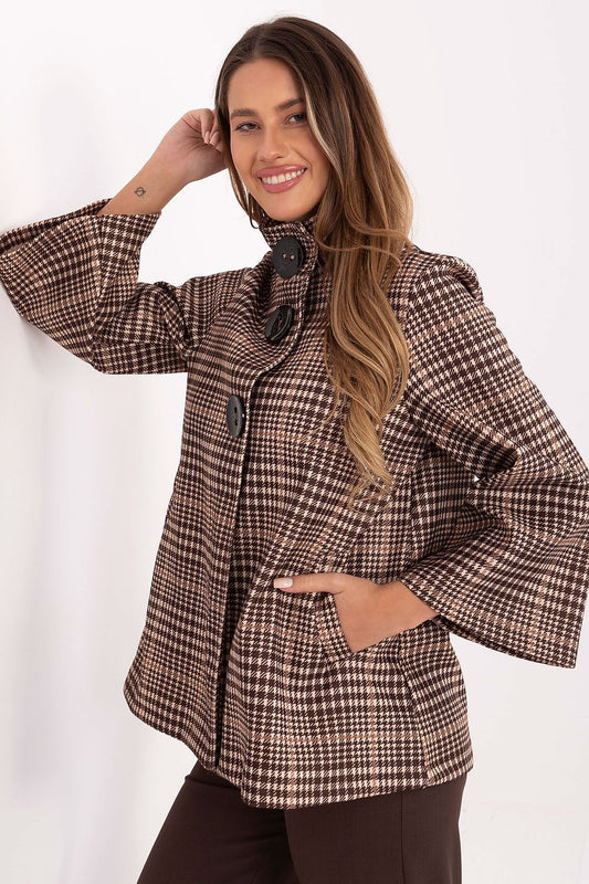 Elegant checkered women's coat by Italy Moda, featuring a stylish design and made from high-quality polyester blend, perfect for winter outfits.