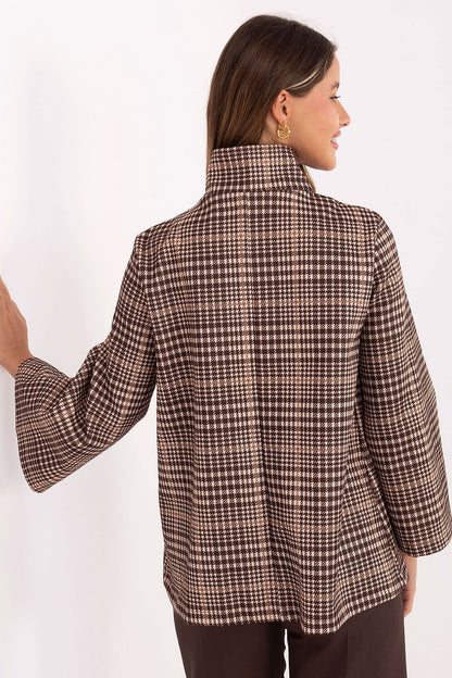Close-up of Italy Moda's luxurious checkered coat for women, showcasing the fine details such as large buttons and a stand-up collar.