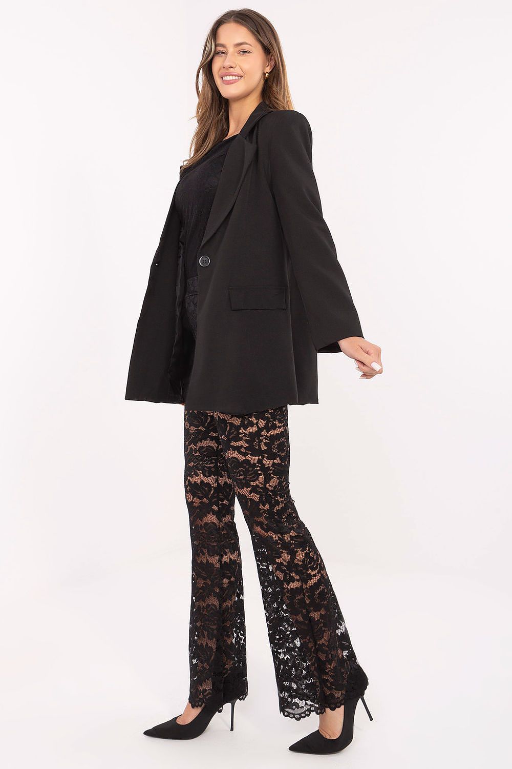 Close-up of Italy Moda Women's Lace Bell-Bottom Trousers, highlighting the intricate lace details and high-quality fabric for an elegant, feminine look.