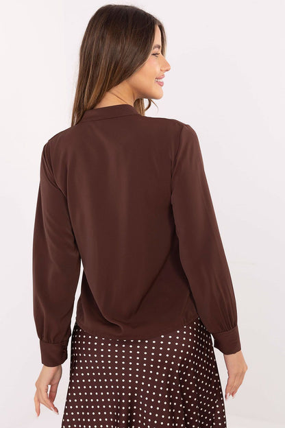 Full view of the sophisticated long sleeve women's shirt with stand-up collar by Italy Moda, ideal for work or special events, exuding elegance with every wear.