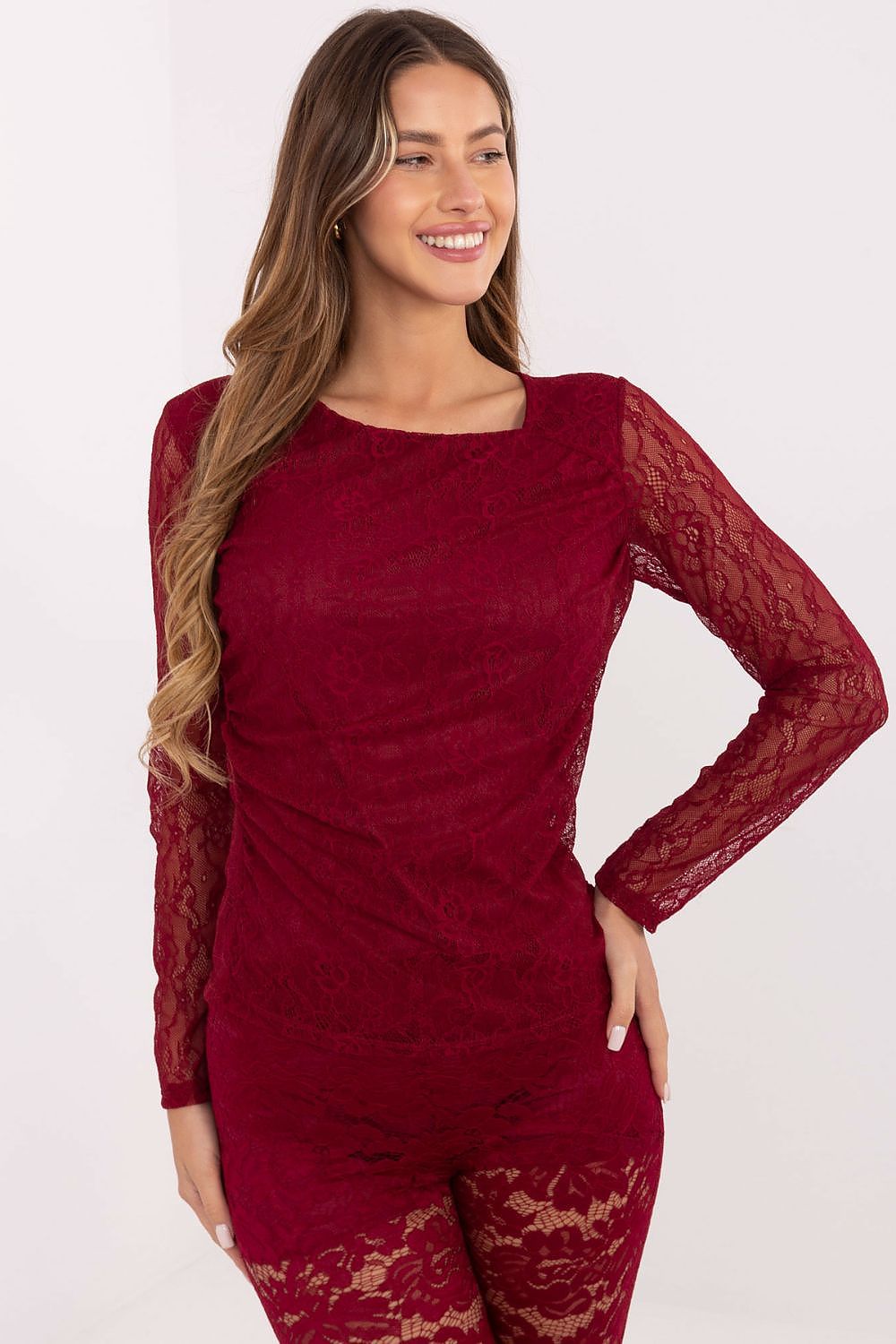 Elegant Lace Blouse by Italy Moda, showcasing a romantic long sleeve design with decorative pleats, made from premium nylon and spandex blend, perfect for both formal and casual occasions.