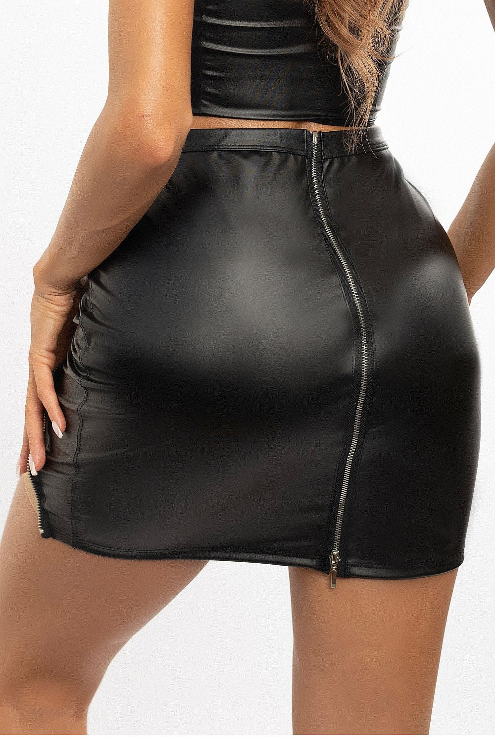 Full view of Axami's fitted wetlook skirt accentuating curves with a stylish full-length silver zipper and perfect for club stylizations.