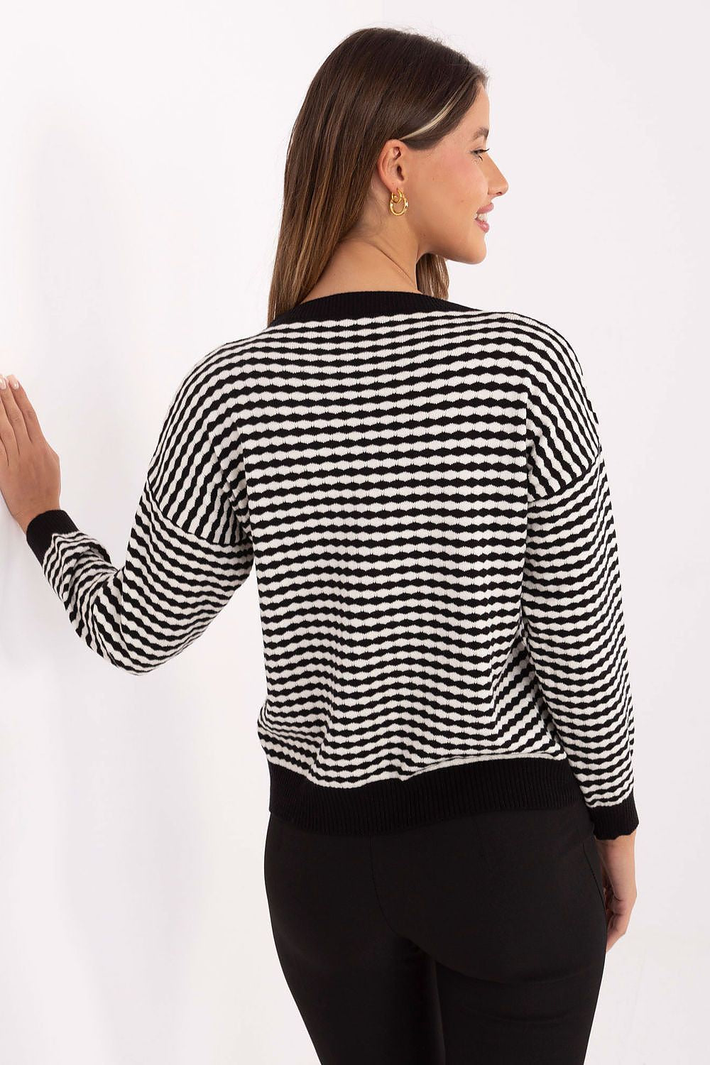 Luxury women's striped sweater by Factory Price, showcasing a chic round neck and elegant long sleeves, made from a comfortable viscose blend, ideal for sophisticated casual wear.