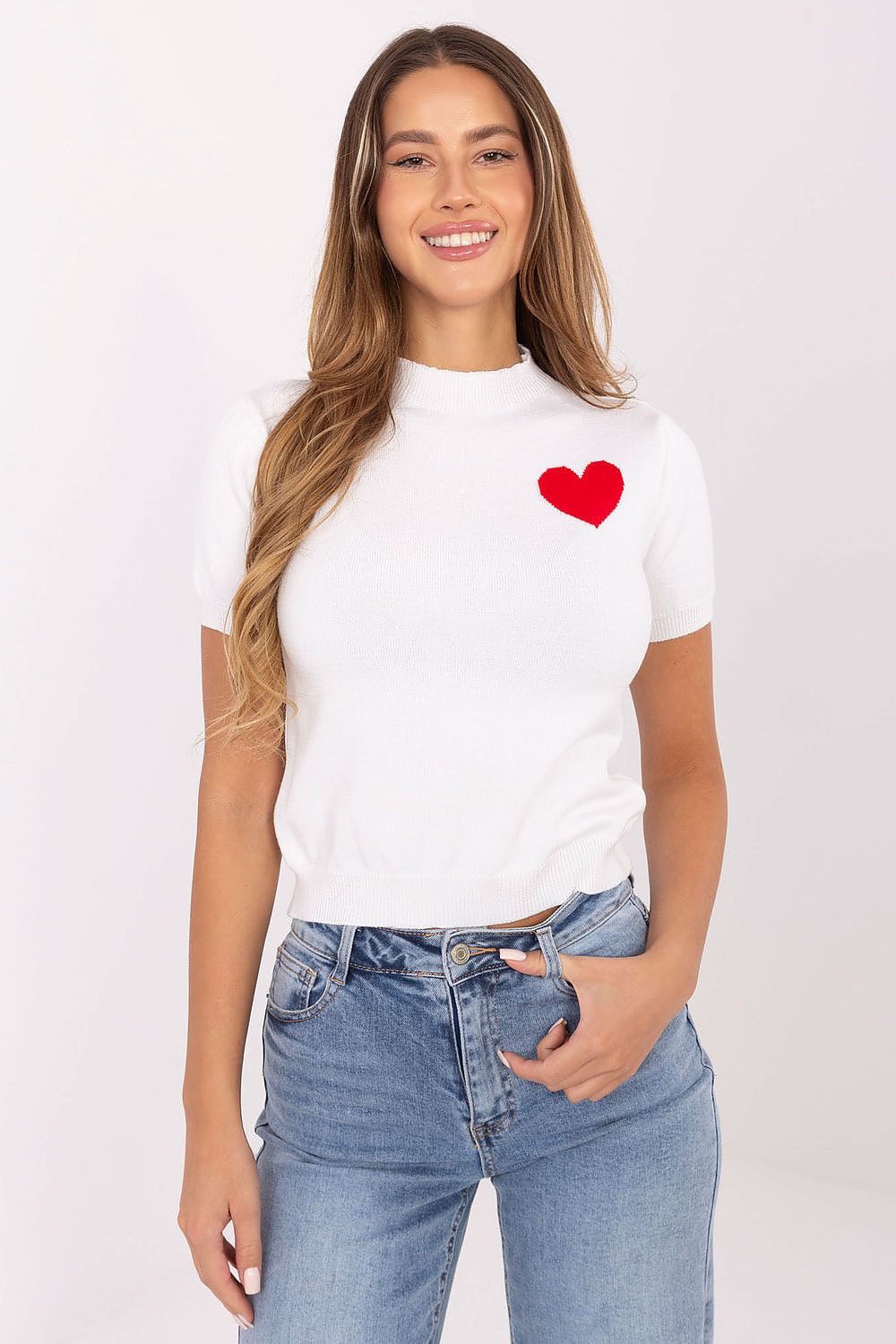 Luxurious short sleeve women's sweater with heart print, showcased in a stylish setting, designed for ultimate comfort by Factory Price.