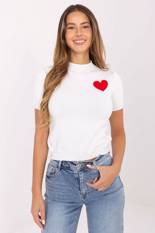 Luxurious short sleeve women's sweater with heart print, showcased in a stylish setting, designed for ultimate comfort by Factory Price.