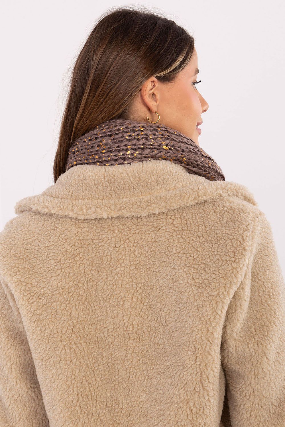 Chic and versatile polyester neck warmer by AT, perfect for cold weather, demonstrating its thick knit texture and lively print.