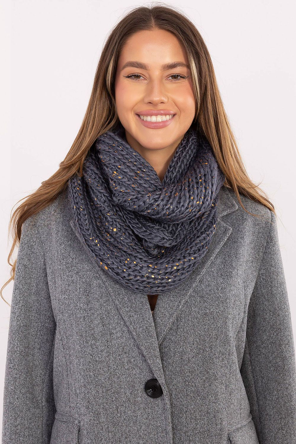 Luxury infinity scarf by AT, crafted from high-quality polyester, featuring a vibrant print, 65 cm long and 27 cm wide, perfect for stylish cold weather outfits.