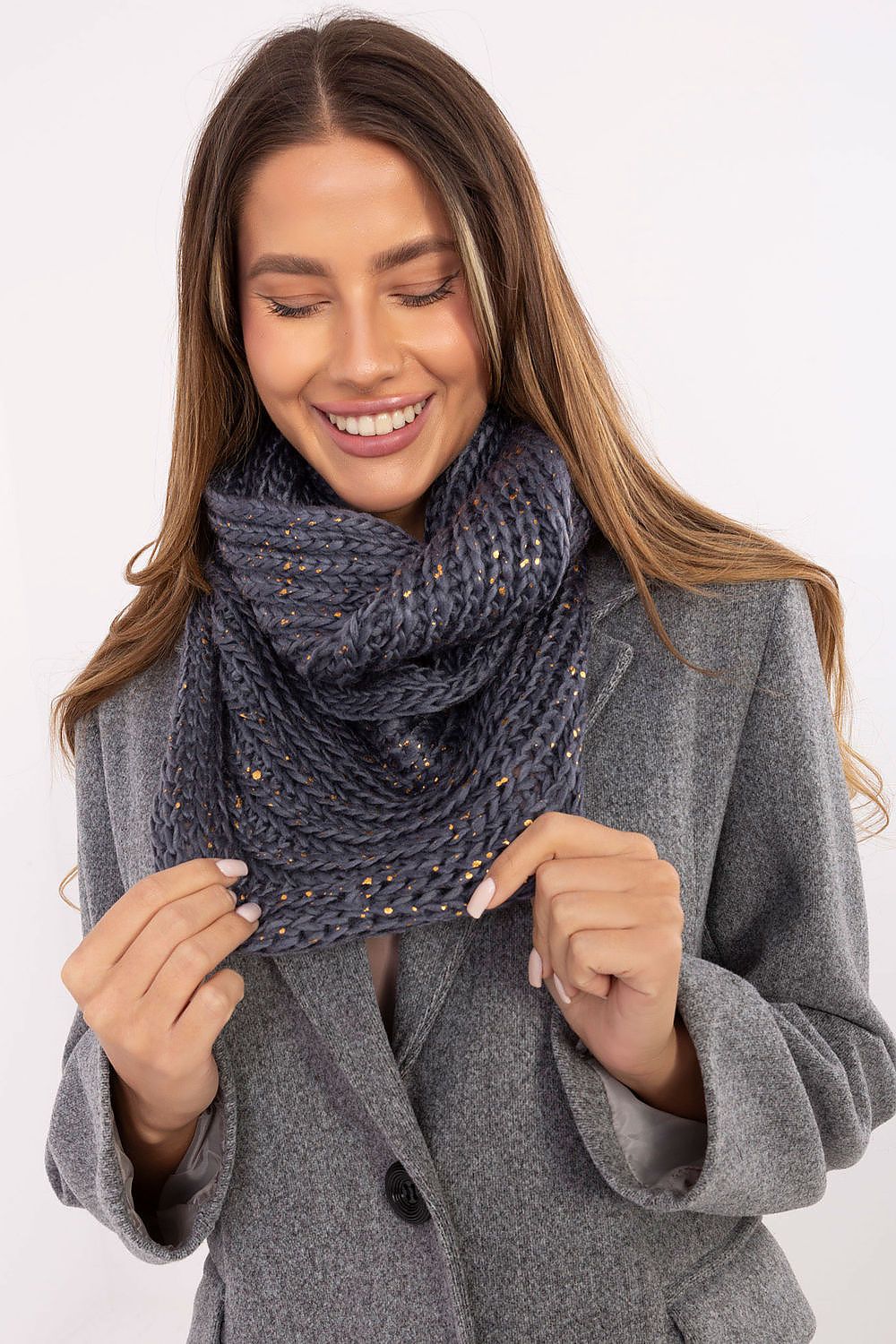 Chic and stylish Infinity Scarf by AT, made of durable polyester, ideal for winter outfits, with a unique print design offering warmth and elegance.