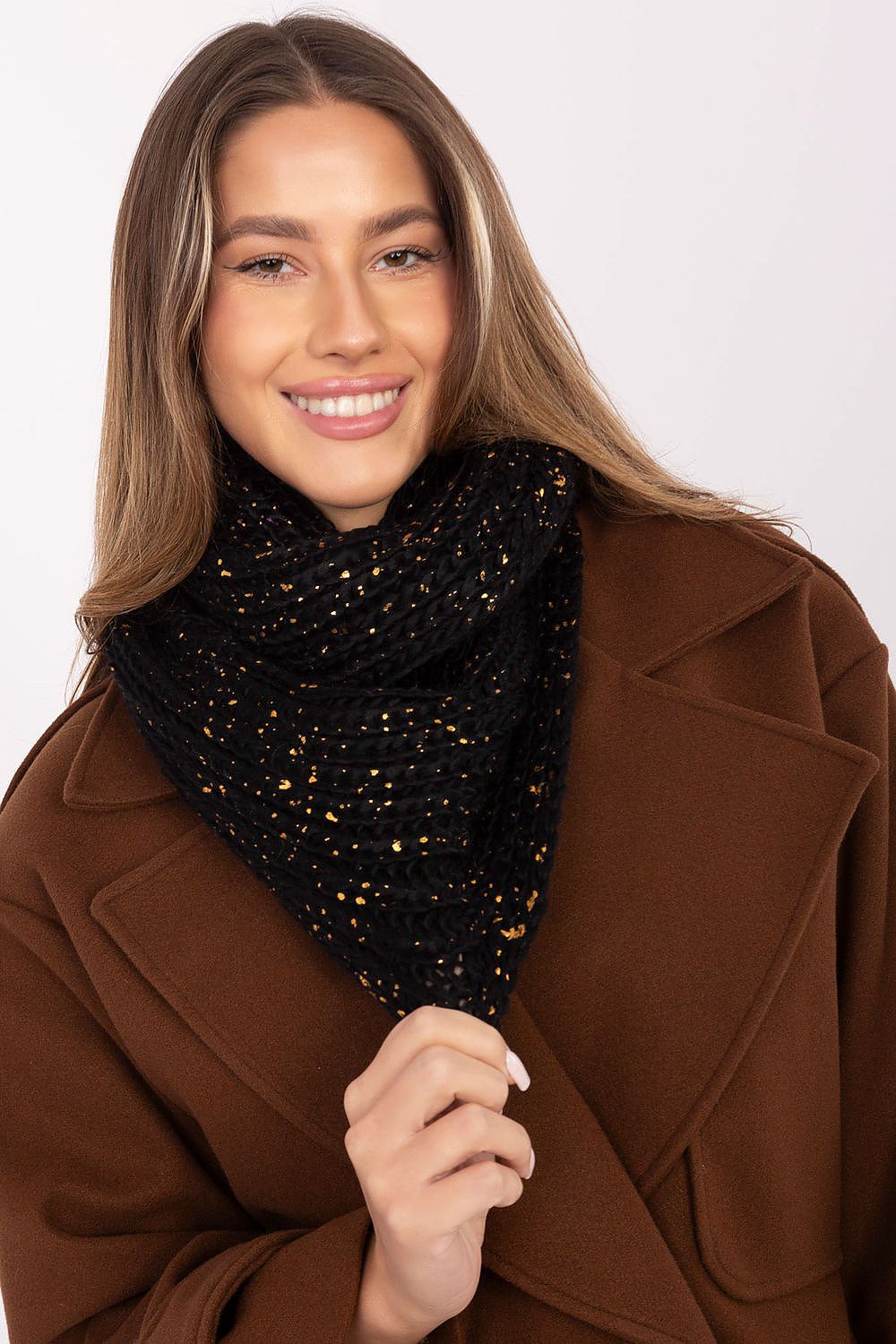 Model wearing the Luxury Infinity Scarf by AT, demonstrating versatile styling options and the chic appearance of the colourful neck warmer.