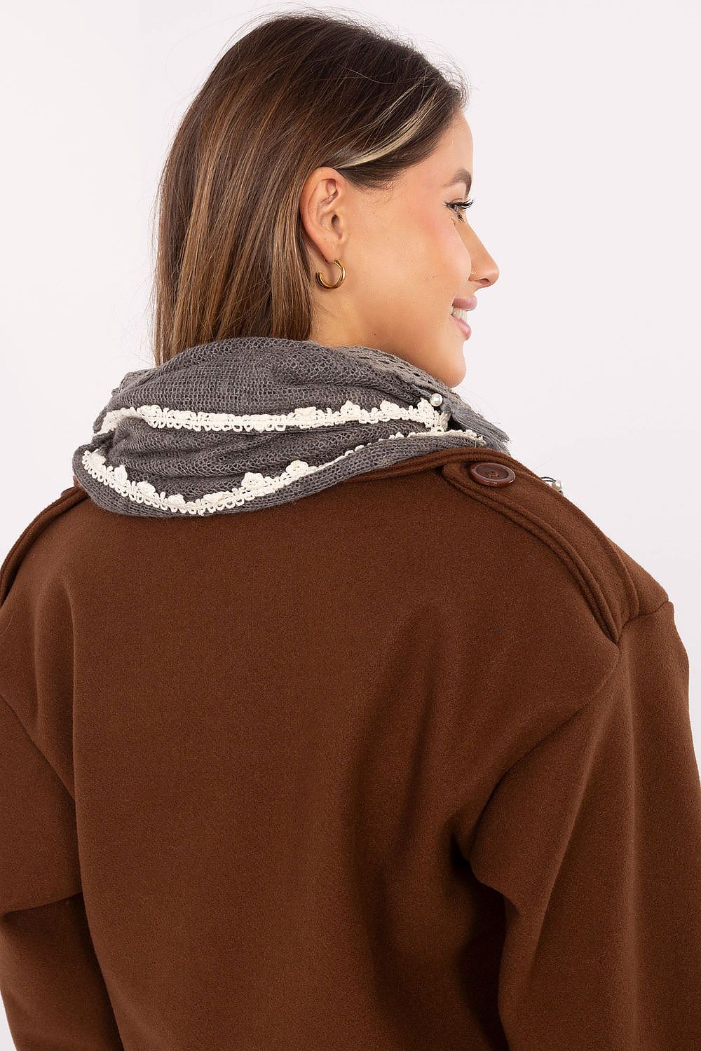 Stylish triangular neckerchief from AT, crafted in delicate viscose with a chic lace trim and pearly fringes, designed for a feminine touch to upscale attire.