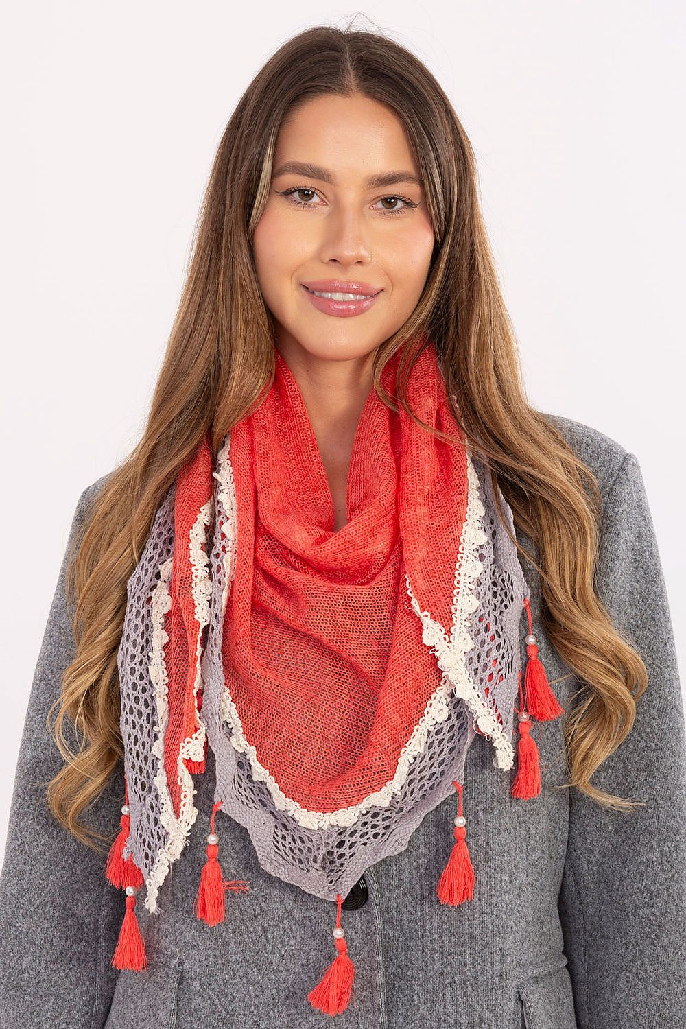 Elegant triangular neckerchief scarf by AT, featuring luxurious viscose fabric, lace details, and pearl embellishments, measuring 52cm x 152cm.