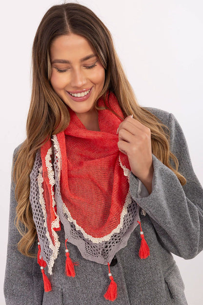 Stylish presentation of the AT elegant triangular neckerchief scarf in luxurious viscose with lace and pearl accents, perfect for adding sophistication to any outfit.